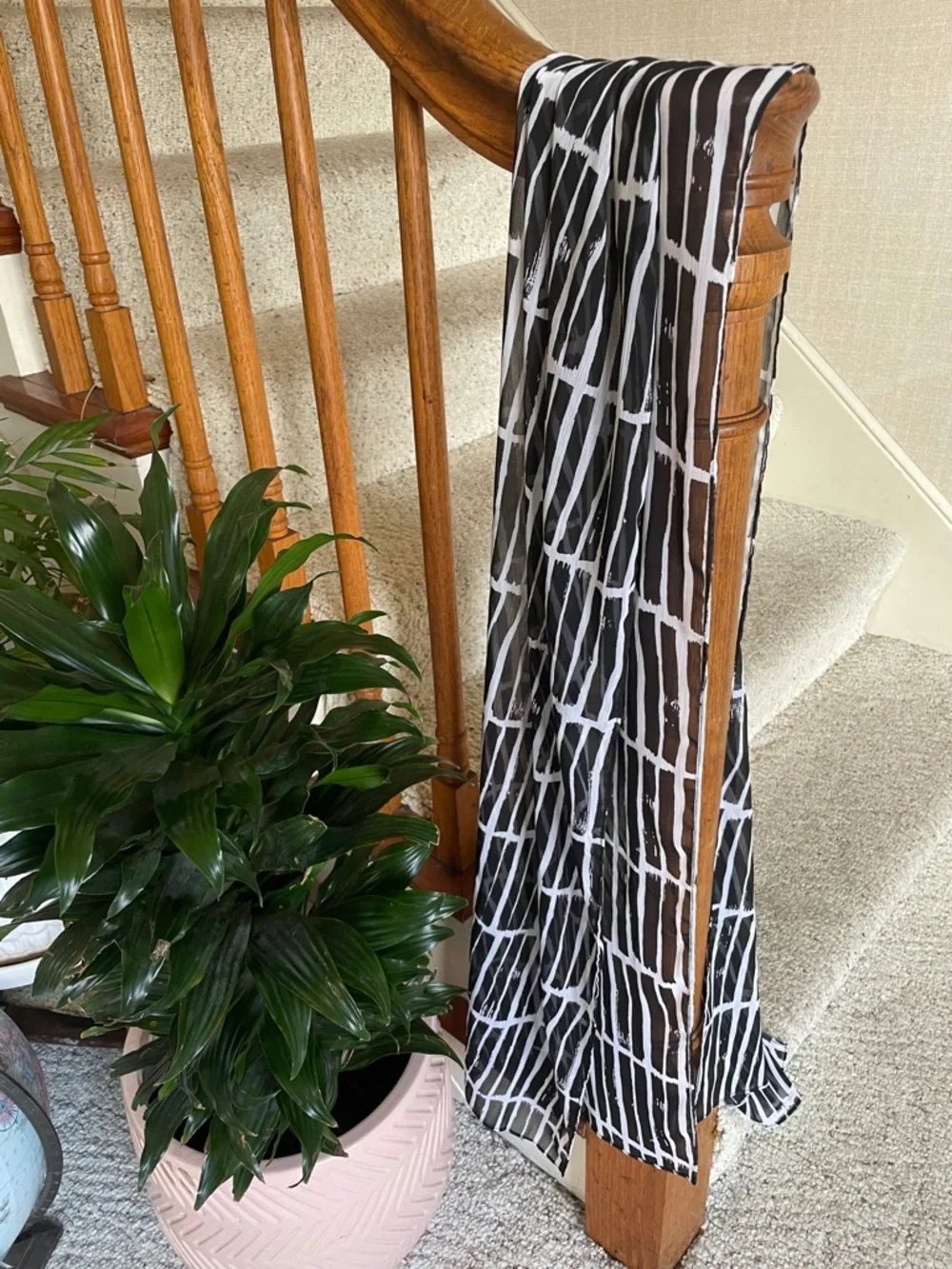 Long Sheer Black and White Grid Pattern Scarf Wrap